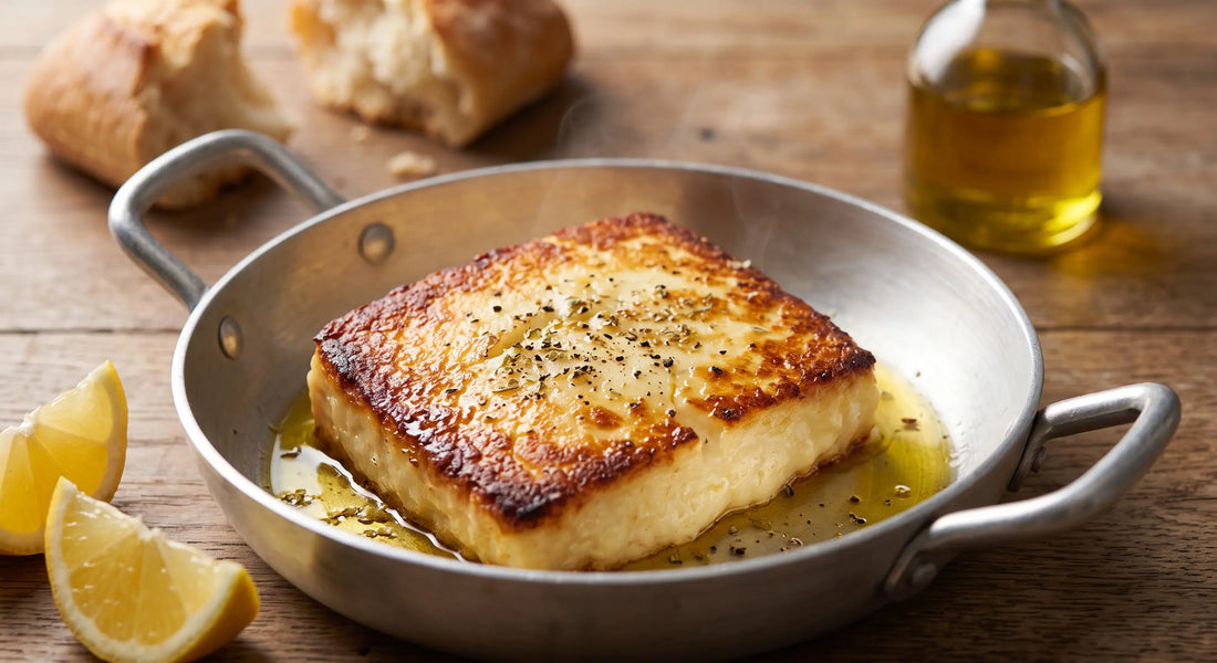 Pan-seared Greek saganaki cheese with a golden crust, cracked pepper, and oregano, served in a traditional sagani pan with lemon wedges