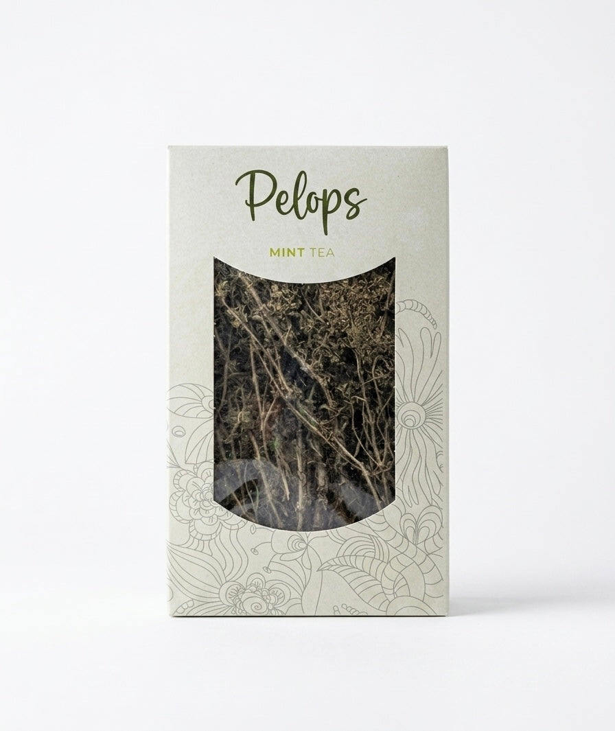 Pelops Greek wild mint tea packaging displayed on a clean white background, showing the front label with product name and branding.