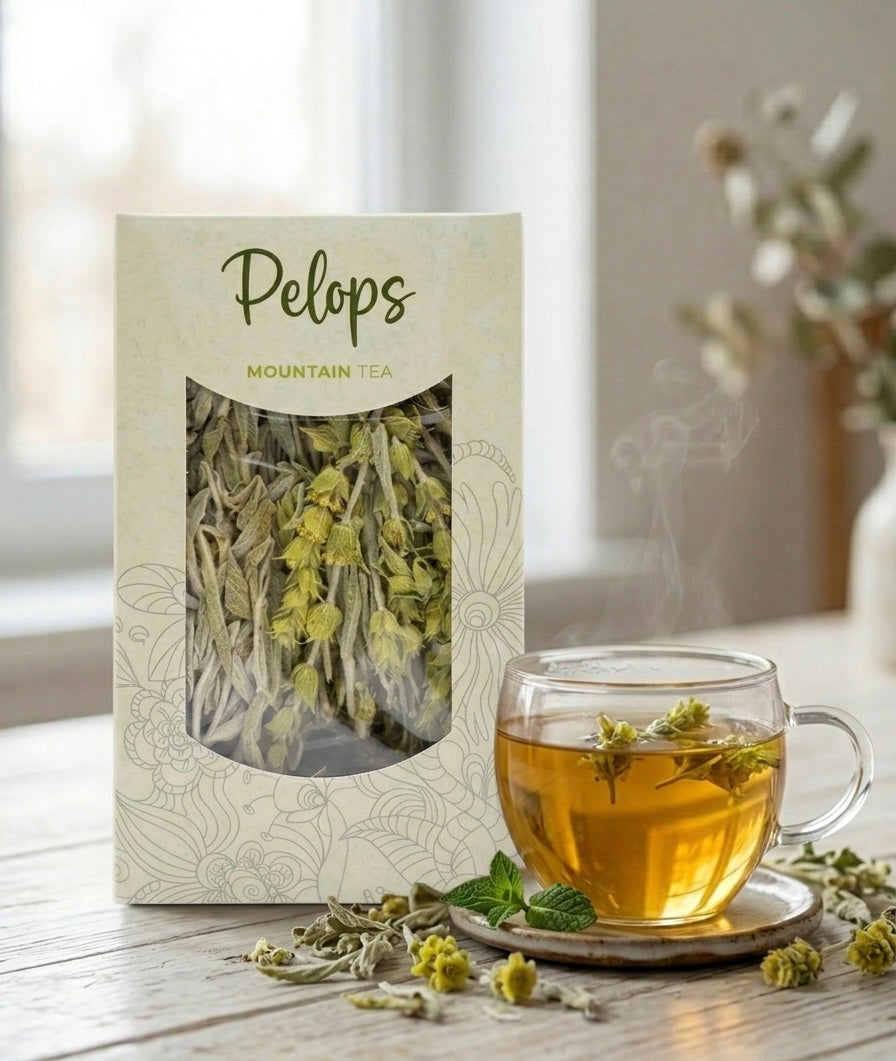 A pack of Pelops Greek mountain tea on a kitchen counter beside a window, surrounded by dried Sideritis stems and a steaming cup of brewed tea in warm natural light.