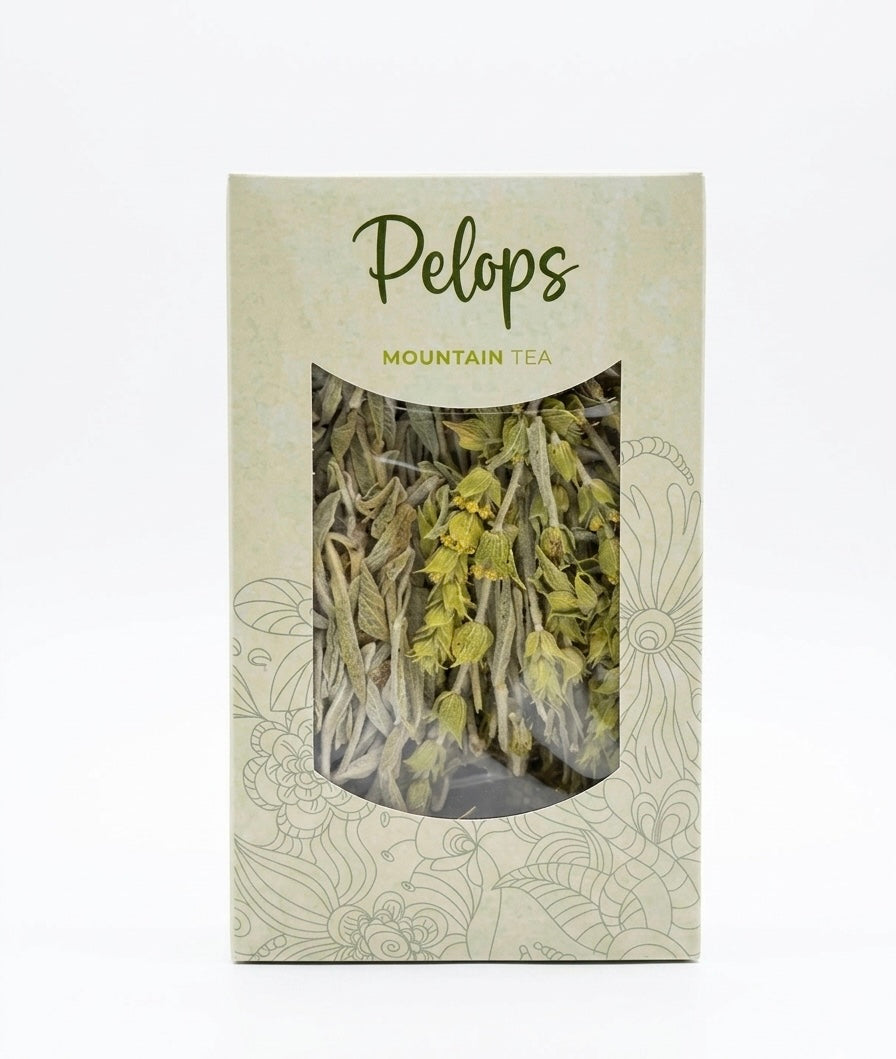 Greek mountain tea packaging displayed on a clean white background, showing the front label with product name and branding.