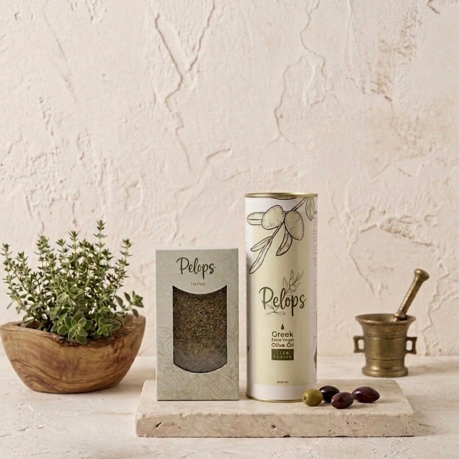 Pelops olive oil and thyme bundle styled with fresh olives and Greek pottery