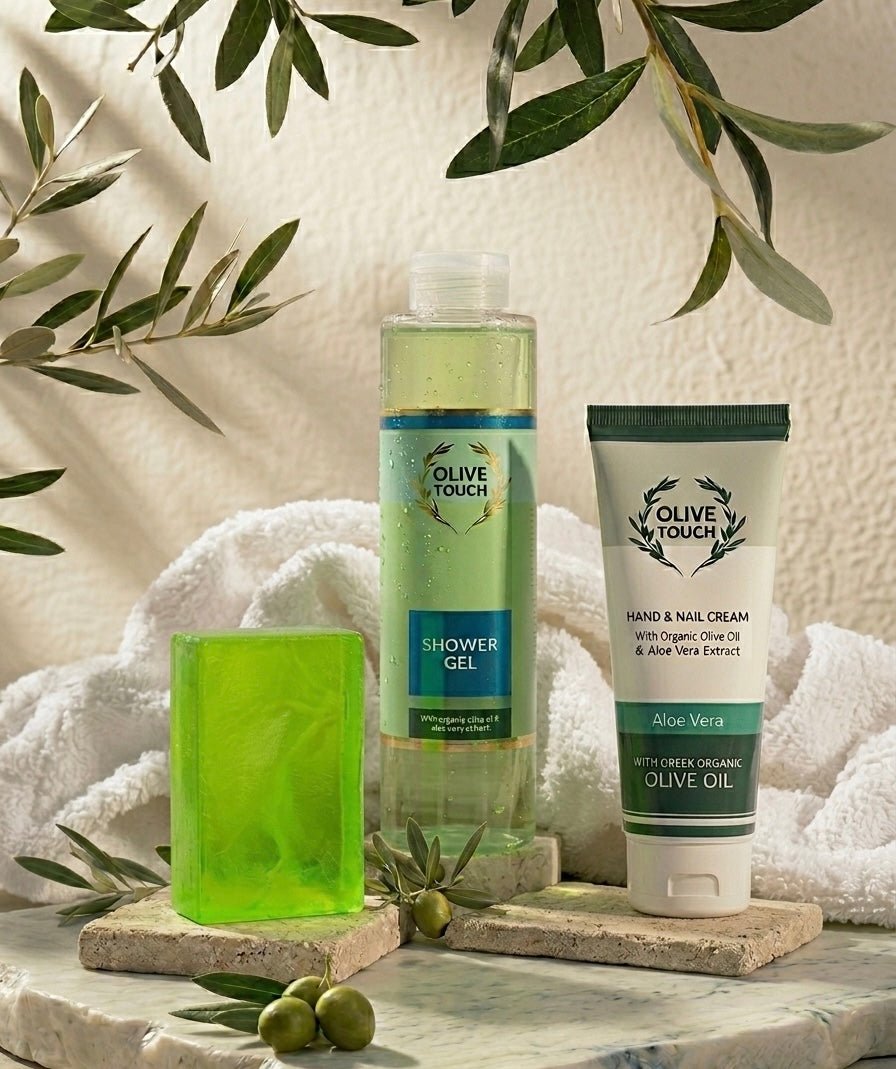 The Fresh Aloe Vera Bundle - Organic Olive Oil and Aloe Vera Shower gel, Hand and Nail Cream, Soap Bar - PelopsGreekGoods