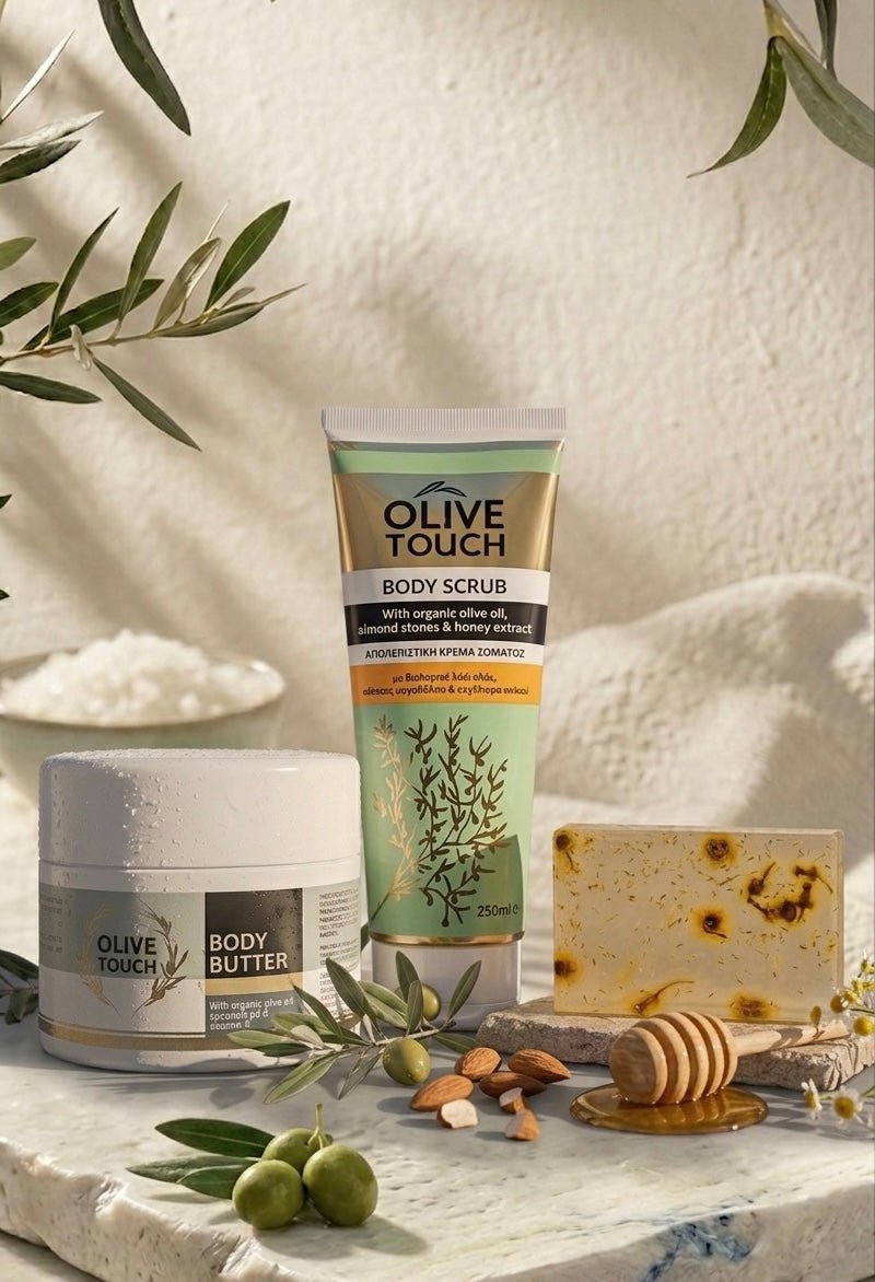 The Golden Grove Bundle - Organic Olive Oil and Honey Body Peeling, Body Butter and Chamomile Soap Bar - PelopsGreekGoods