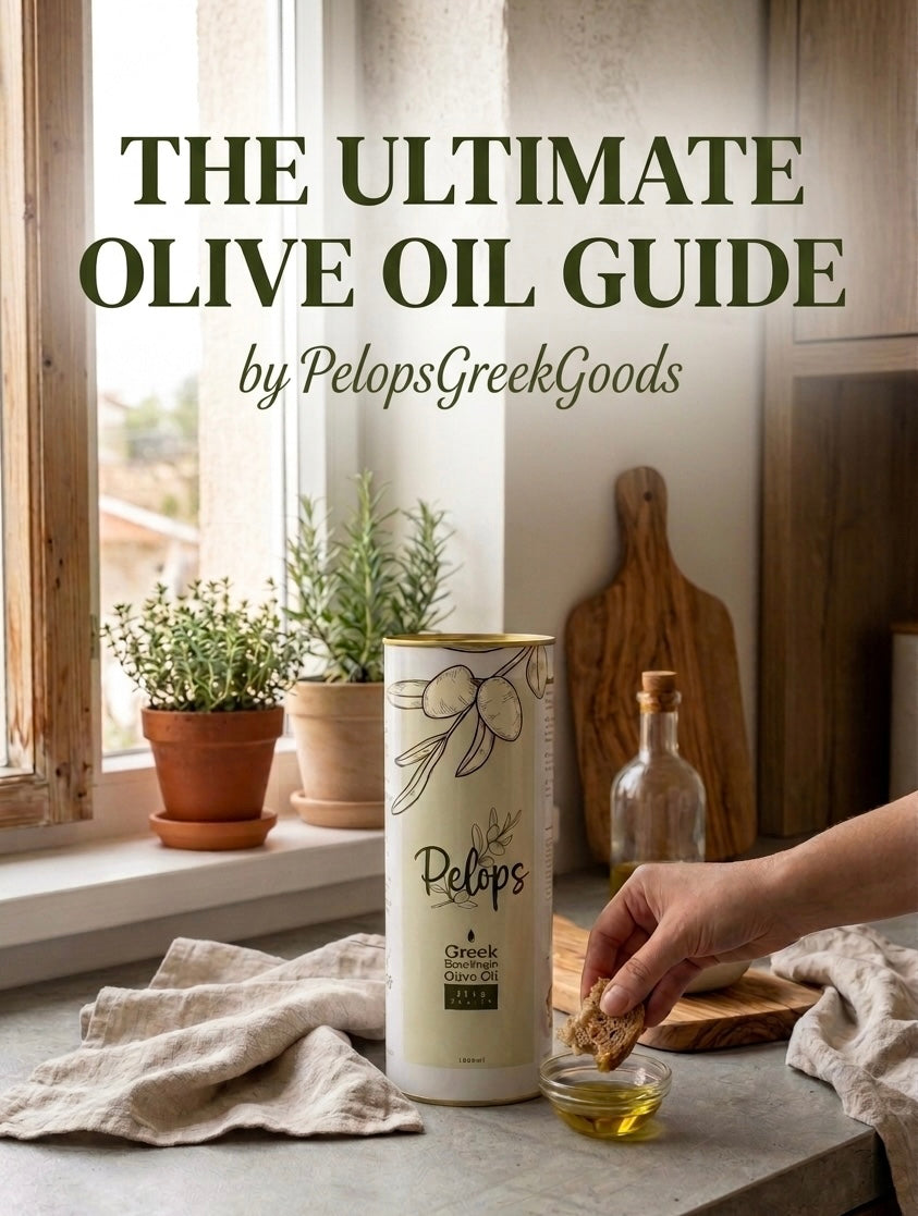 The Ultimate Olive Oil Guide by PelopsGreekGoods, cover showing a Pelops Greek extra virgin olive oil tin on a kitchen counter with bread dipped in olive oil